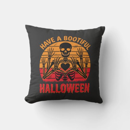 Bootiful Halloween Skeleton Heart Retro Sunset Des Throw Pillow