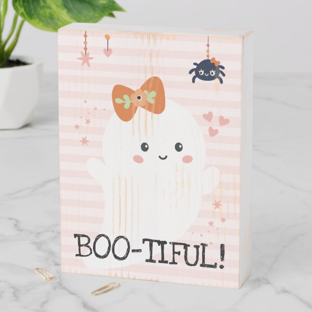 Bootiful Kawaii Ghost Halloween Wooden Box Sign (In Situ Vertical)