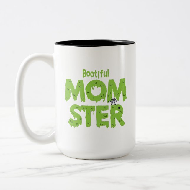 Bootiful Momster Mom Funny Halloween Puns Two-Tone Coffee Mug (Left)