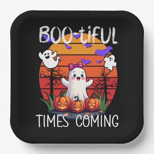 Bootiful Times Coming, Halloween Party Cute Ghosts Paper Plates (Front)