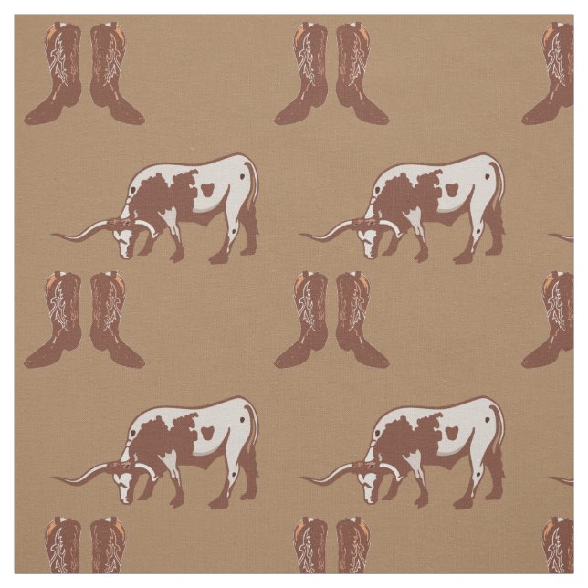 Boots and Beef Western Fabric With Longhorn Steer (Swatch)