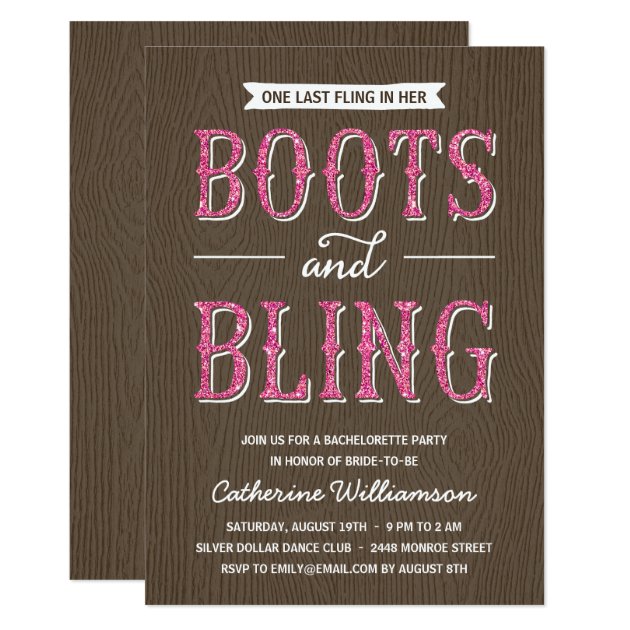 Boots And Bling | Glitter-Look Bachelorette Party Invitation
