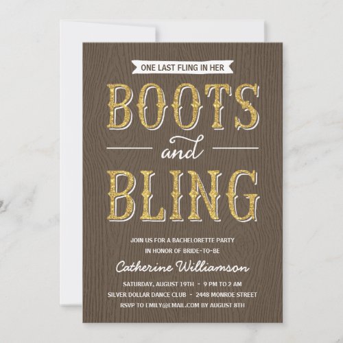 Boots and Bling  Glitter_Look Bachelorette Party Invitation
