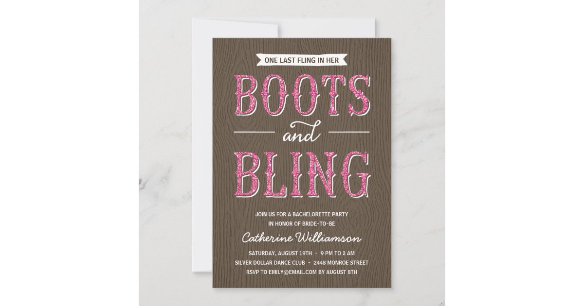 Boots and Bling | Glitter-Look Bachelorette Party Invitation | Zazzle