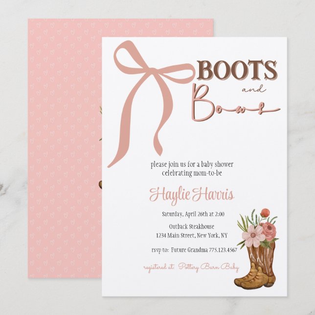 Boots and Bows Baby Girl Shower Invitation (Front/Back)