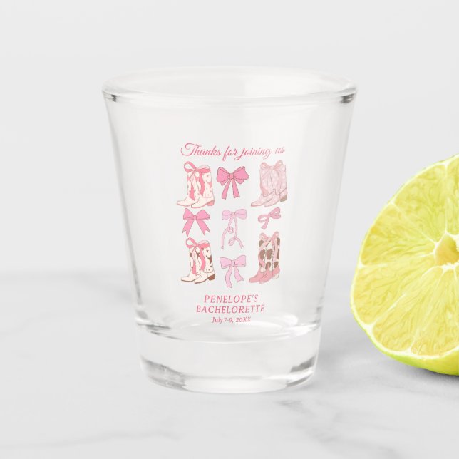 Boots and Bows Pink Girly Bachelorette Party  Shot Glass (Front)