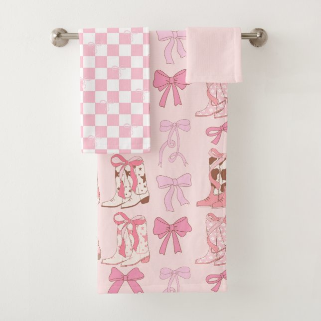 Boots and Bows Pink Girly Coquette Checkered Bath Towel Set (Insitu)