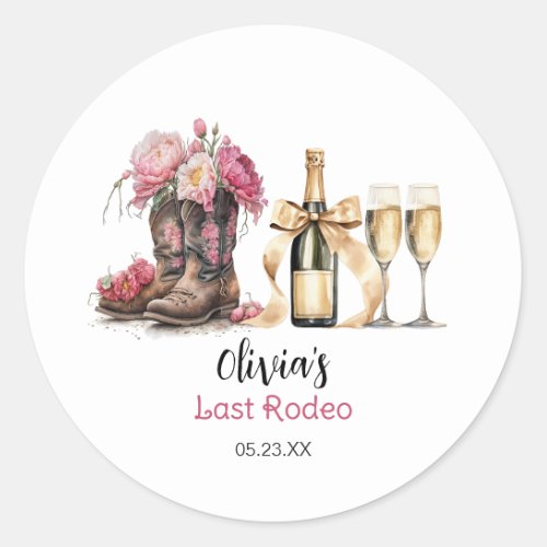 Boots and Bubbles Bridal Shower Last rodeo Classic Round Sticker