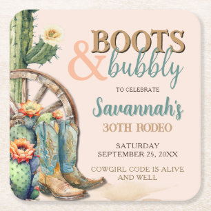 Boots and Bubbly Blush Pink Blooming Cactus Boots Square Paper Coaster