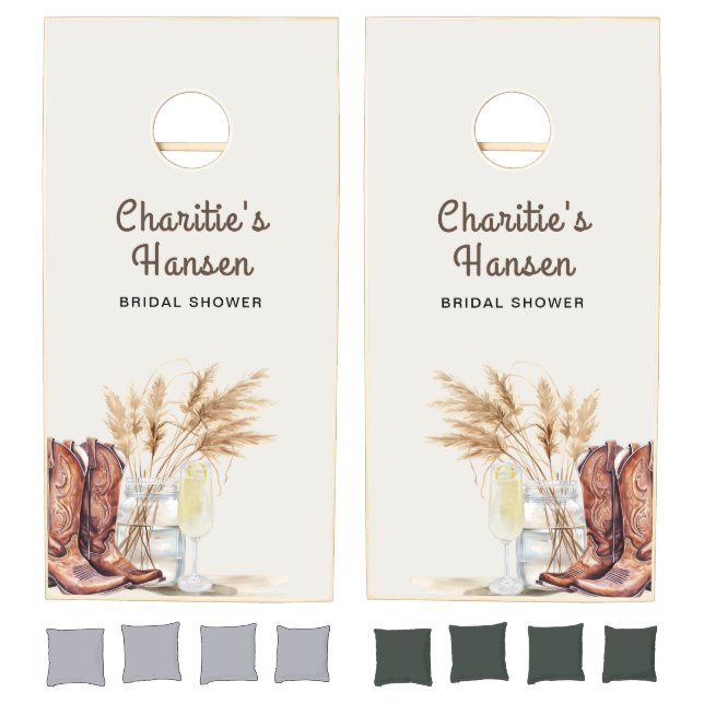 Boots And Bubbly Boho Pampas Grass Bridal Shower Cornhole Set (Set)