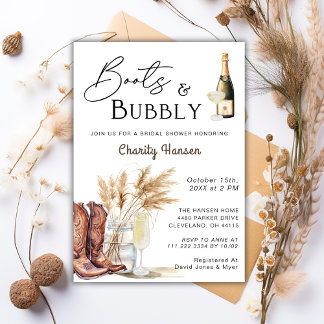Boots And Bubbly Boho Pampas Grass Bridal Shower Invitation
