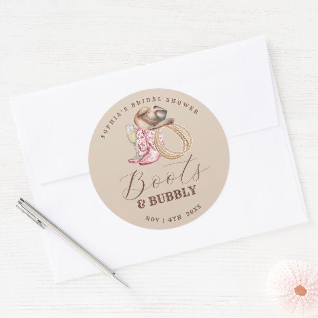  Boots and Bubbly Bridal Shower Classic Round Sticker (Envelope)