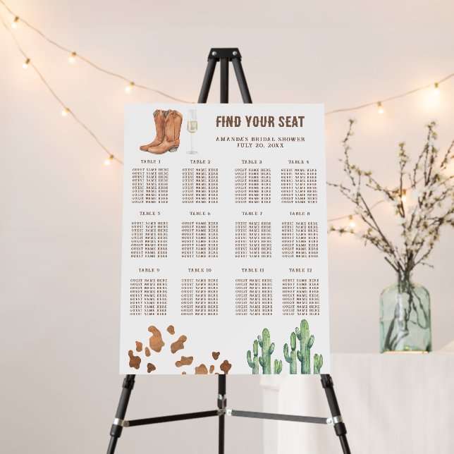 Boots and Bubbly Bridal shower seating chart Foam Board (In Situ (Stand))