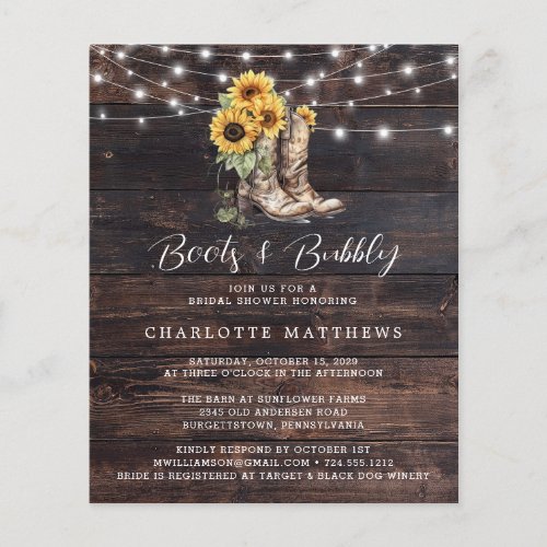 Boots and Bubbly Budget Bridal Shower Invitation
