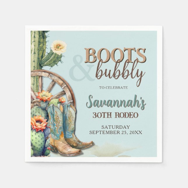 Boots and Bubbly Cactus Country Theme Birthday Napkins (Front)