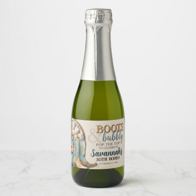 Boots and Bubbly Cactus Cowgirl Western Birthday Sparkling Wine Label (Front)
