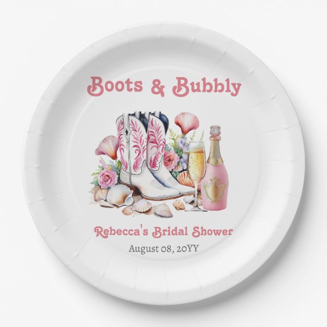 Boots and Bubbly Coastal Cowgirl Bridal Shower Paper Plates (Front)