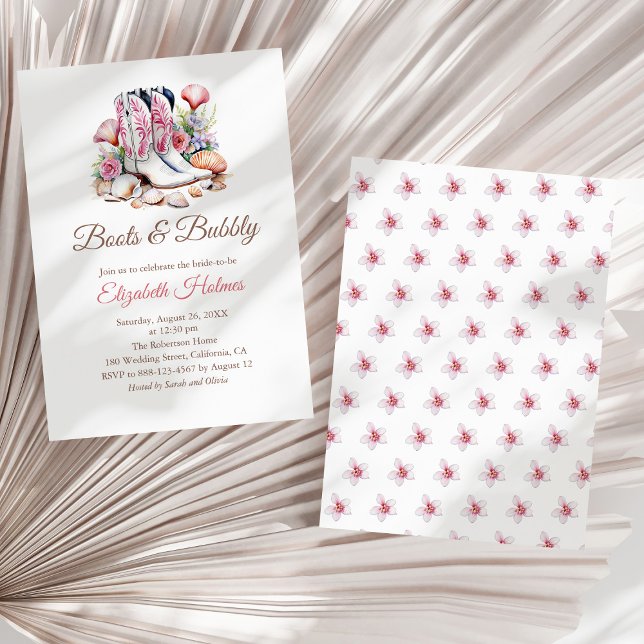 Boots and Bubbly Costal Cowgirl Bridal Shower Invi Invitation (Boots and Bubbly Costal Cowgirl Bridal Shower Invi Invitation on a sunny white dry palm leaf.)