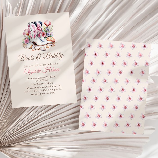 Boots and Bubbly Costal Cowgirl Bridal Shower Invitation (Boots and Bubbly Costal Cowgirl Bridal Shower Invitation on a white dry palm leaf.)