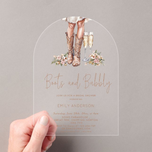 Boots And Bubbly Country Bridal Shower  Acrylic Invitations (Insitu (Handheld))