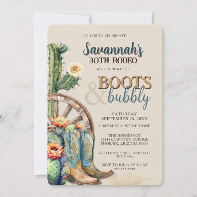 Boots and Bubbly Country Cowgirl Western Birthday Invitation (Front)