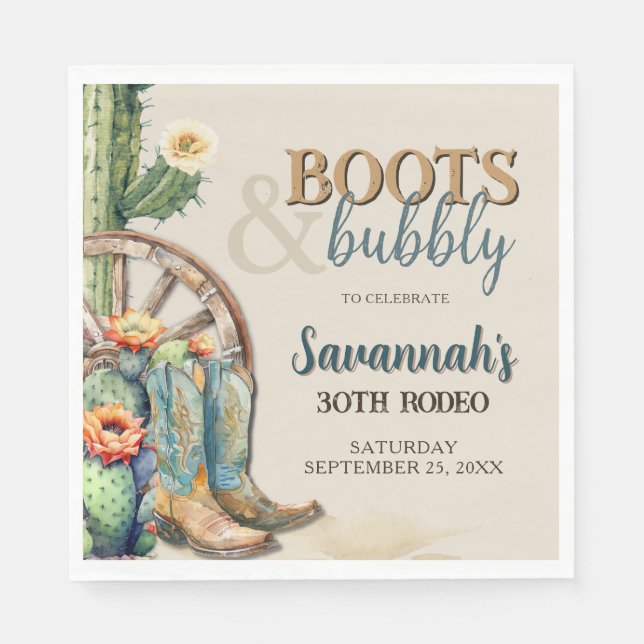 Boots and Bubbly Country Cowgirl Western Birthday Napkins (Front)