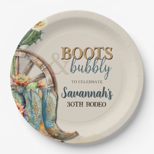 Boots and Bubbly Country Cowgirl Western Birthday Paper Plates (Front)
