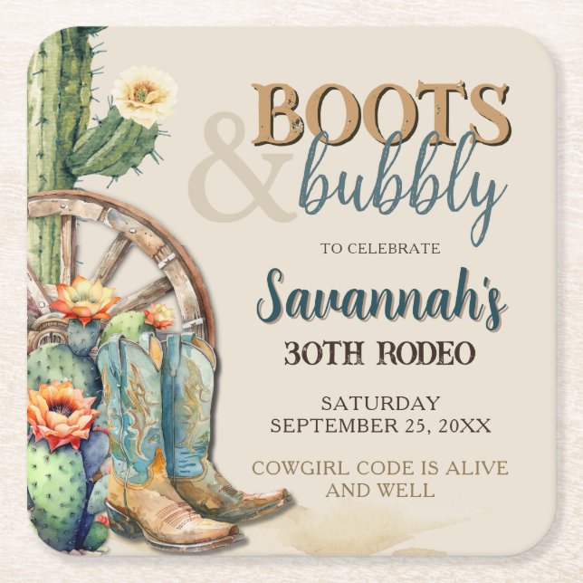 Boots and Bubbly Country Cowgirl Western Birthday Square Paper Coaster (Front)