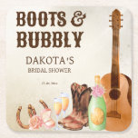 Boots and bubbly cowgirl bridal shower favor gifts square paper coaster<br><div class="desc">Boots and bubbly western cowgirl rodeo country brunch bridal shower favor gifts personalized paper coasters. Cowgirl boots,  champagne,  champagne glasses,  a ring,  guitar,  horseshoe for a western country rustic cowgirl bridal shower.</div>