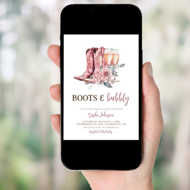 Boots and Bubbly Elegant Pink Bridal Shower Invitation (Front Digital)