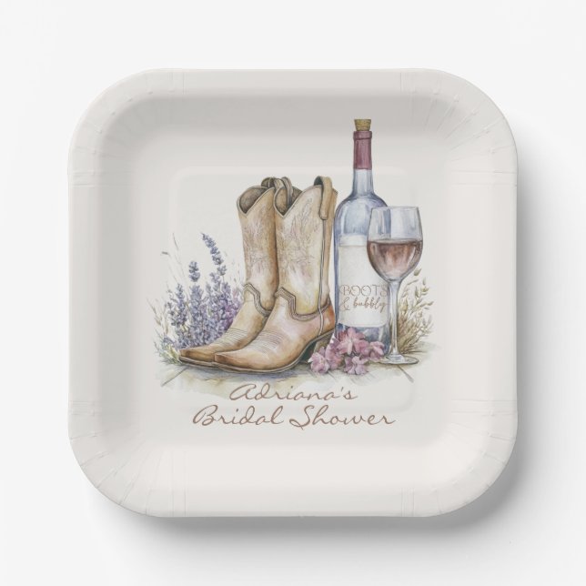 Boots and Bubbly Floral Bridal Shower Paper Plates (Front)