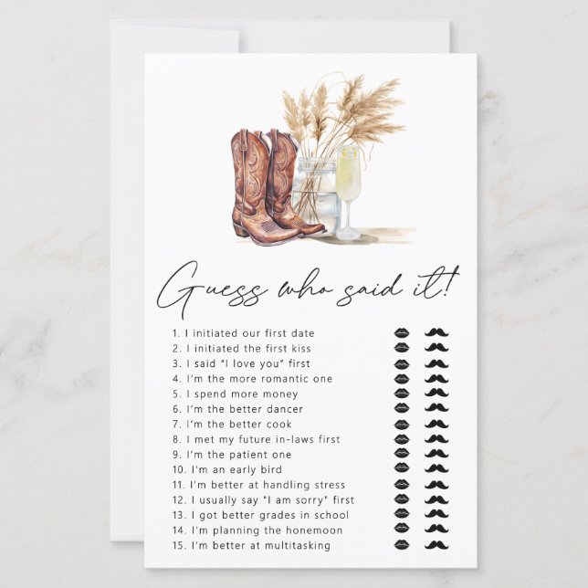 Boots And Bubbly Guess Who Said It Bridal Game  (Front)
