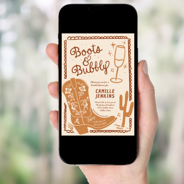 Boots and Bubbly Hand Drawn Bridal Shower Invitation (Front Digital)