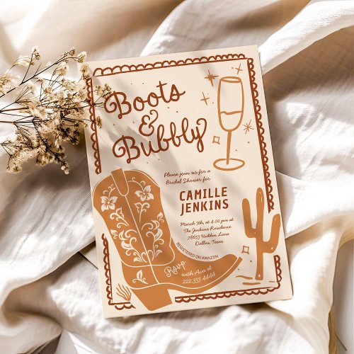 Boots and Bubbly Hand Drawn Bridal Shower Invitation
