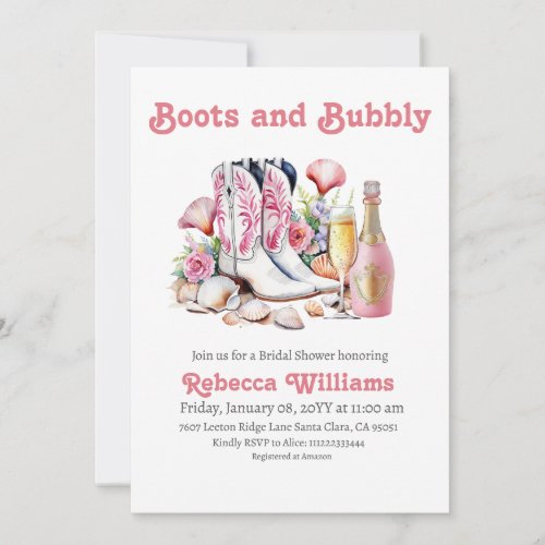 Boots and Bubbly Pink Beach Coastal Bridal Shower Invitation