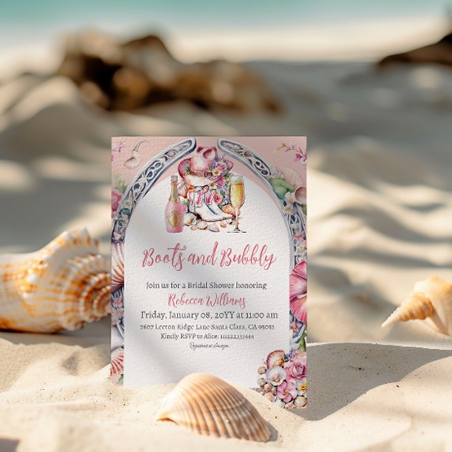 Boots and Bubbly Pink Beach Western Bridal Shower Invitation (Creator Uploaded)