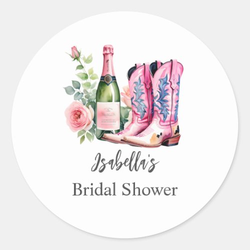 Boots and Bubbly Pink Bridal Shower Classic Round Sticker