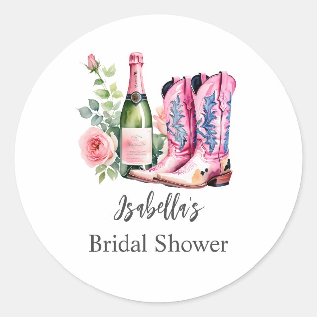 Boots and Bubbly Pink Bridal Shower Classic Round Sticker (Front)