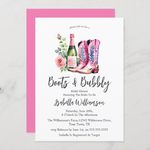 Boots and Bubbly Pink Bridal Shower Invitation