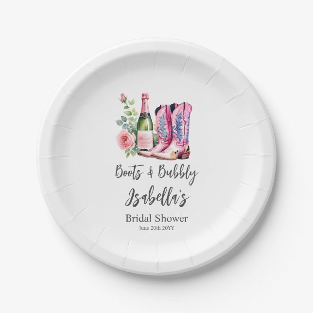 Boots and Bubbly Pink Bridal Shower Paper Plates (Front)