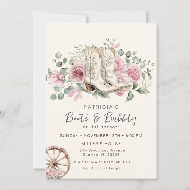 Boots and Bubbly Pink Cowgirl Bridal Shower  Invitation (Front)