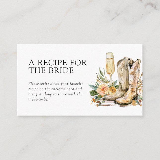 Boots and Bubbly Recipe Request Bridal Shower  Enclosure Card (Front)