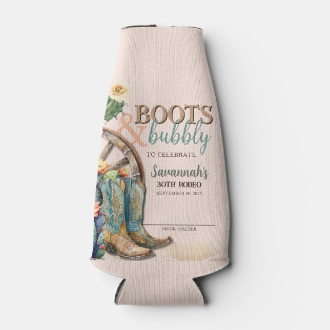 Boots and Bubbly Rodeo Cowgirl Cactus Birthday Bottle Cooler (Front)