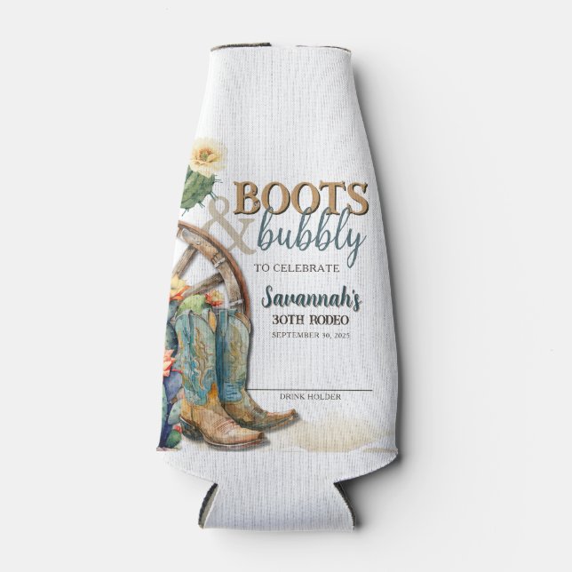 Boots and Bubbly Rodeo Cowgirl Western Birthday Bottle Cooler (Front)