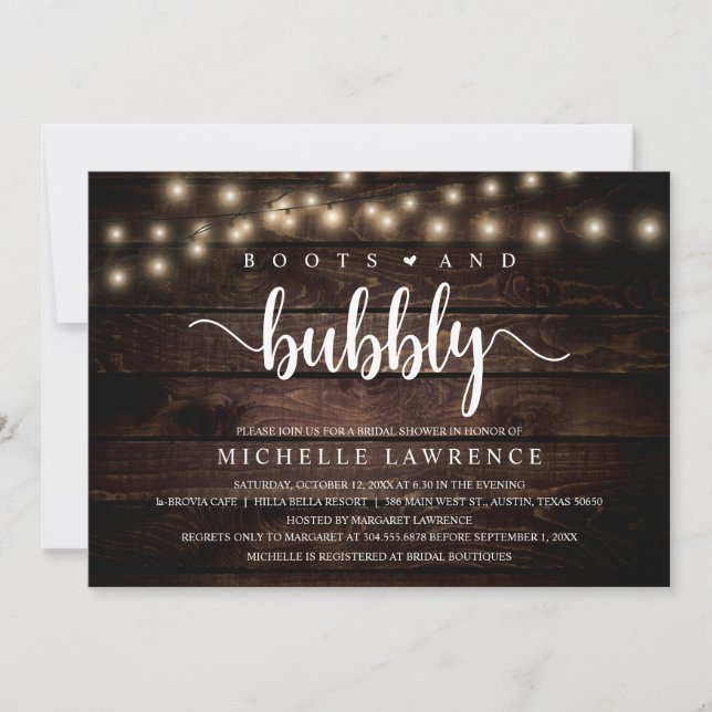 Boots and Bubbly, Rustic Bridal Shower Celebration Invitation (Front)