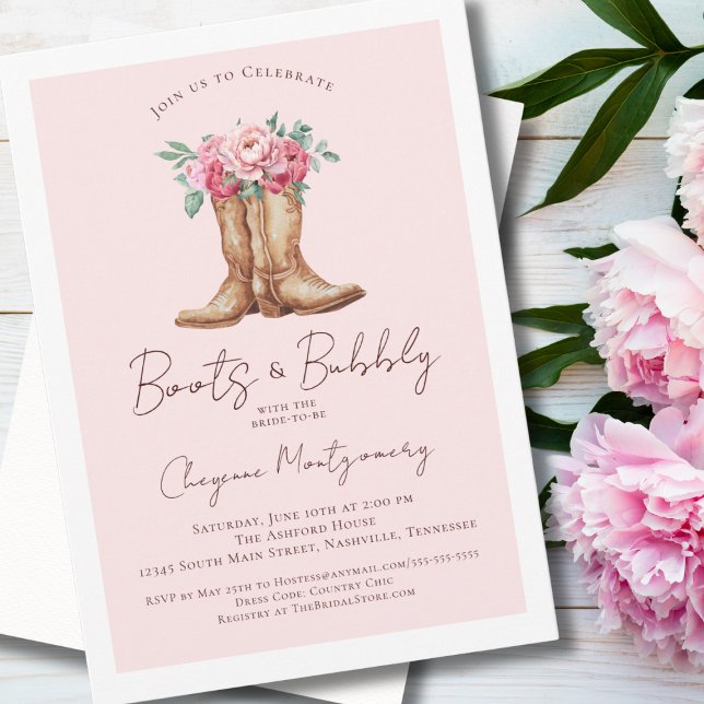Boots and Bubbly Rustic Pink Cowgirl Bridal Shower Invitation (Creator Uploaded)