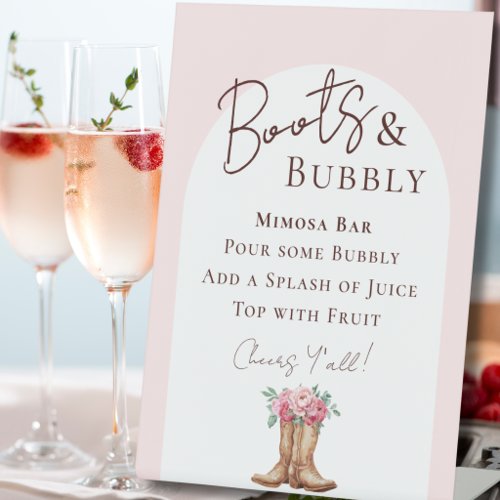 Boots and Bubbly Rustic Pink Floral Mimosa Bar Pedestal Sign