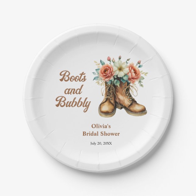 Boots and Bubbly Rustic Western Bridal Shower  Paper Plates (Front)