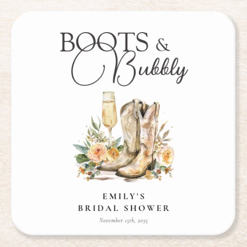 Boots and Bubbly Western Bridal Shower Square Paper Coaster