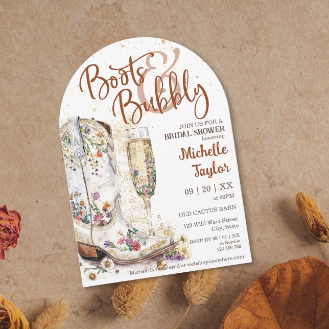 Boots and Bubbly Western Bride Wild West Country Invitation (boots and bubbly bridal shower invitation with cowboy boots with flowers and champagne glass)